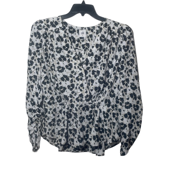 Cabi Medium Blouse Ruched Sleeves Black White Tan 100% Polyester - Picture 4 of 6